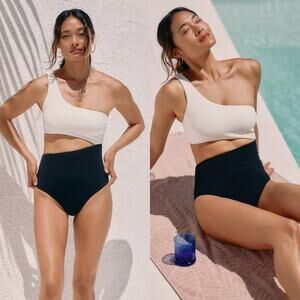 NWT Anthropologie x JETS Versa Rib One‎ Shoulder One Piece Swimsuit Black&Cream
